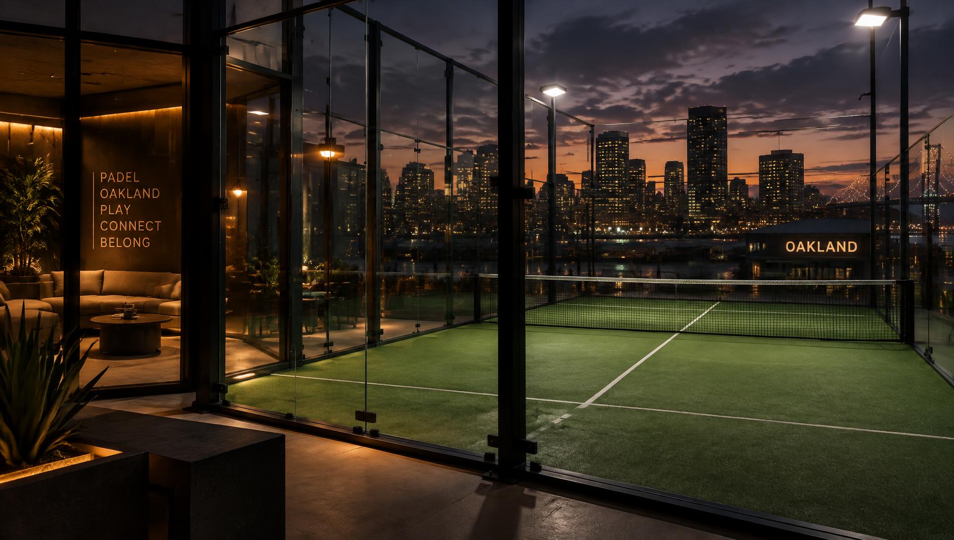 Glass-walled padel court at dusk with the Oakland skyline